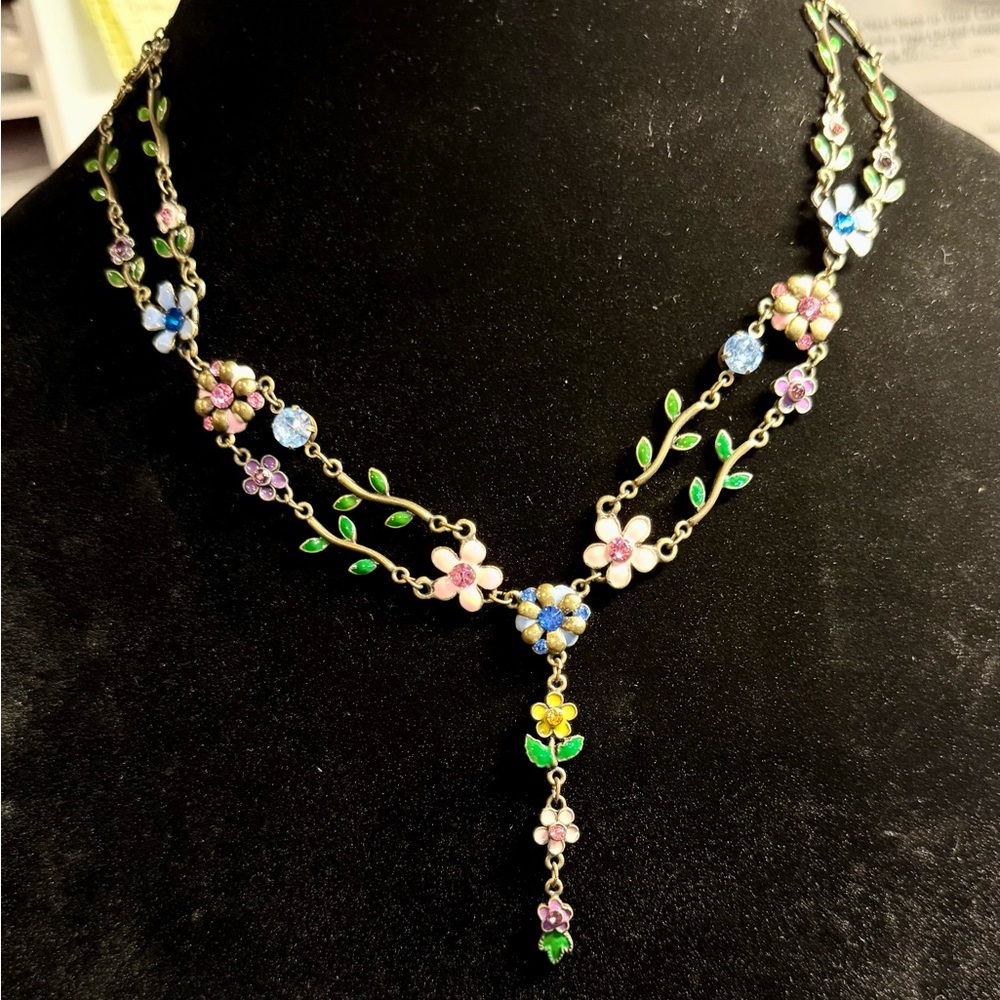 Michael Negrin Pink, Green, and Blue Dangle Necklace Dark Brass Metal, Vintage